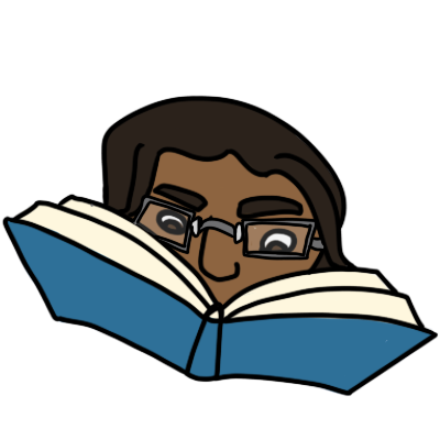 A person with brown skin, straight dark hair, and glasses reading a book with a blue cover.